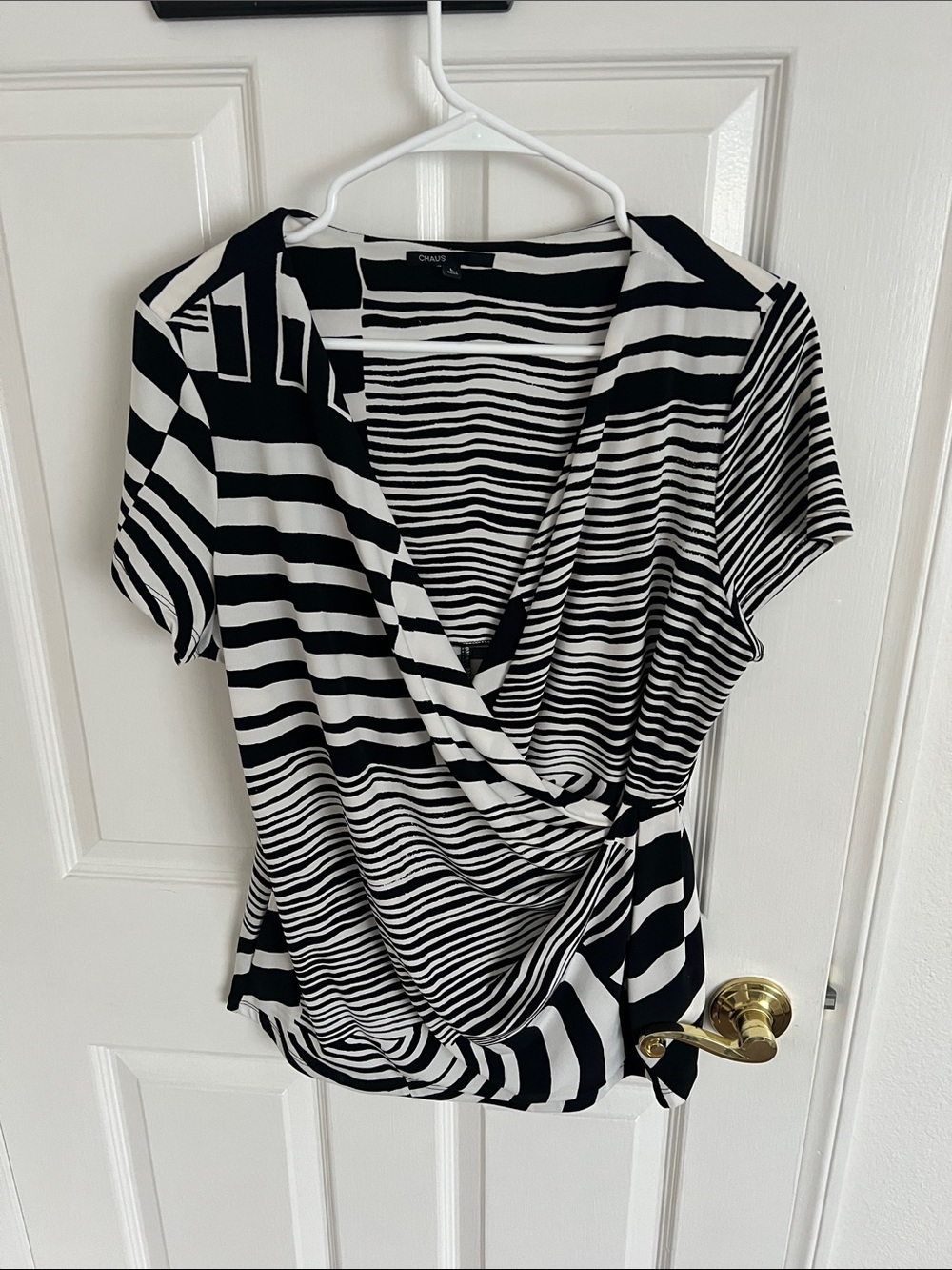 Chaus Black & White Striped Wrap-Style Short Sleeve Blouse